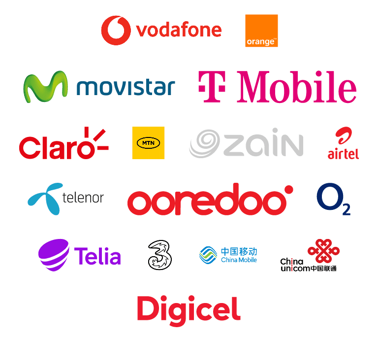 Carrier logos including Vodafone, Orange, T-Mobile, Movistar, Claro, MTN, Zain, Airtel, Telenor, Ooredoo, O2, Telia, Three, China Mobile, China Unicom, and Digicel